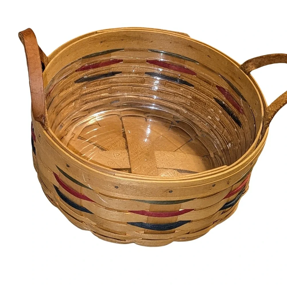 Longaberger Baskets Handwoven Woven Wood Strip Basket Leather Handles‎ 10 in.